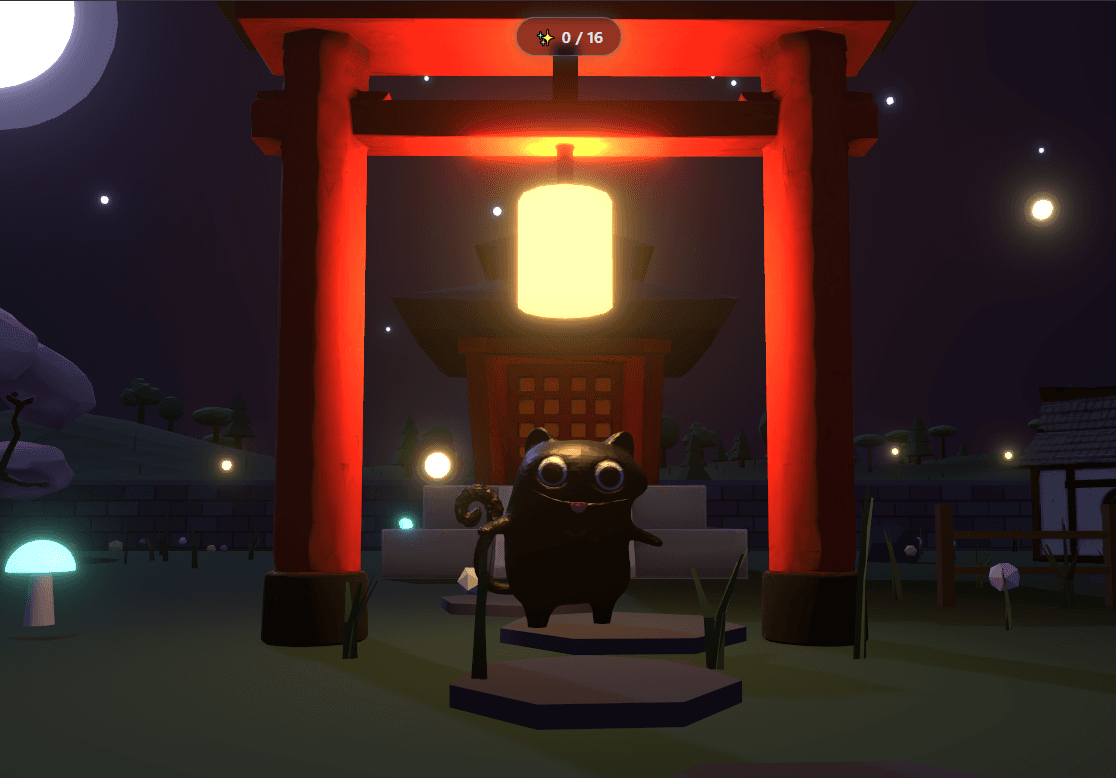 VoidKitty gameplay — a cat beneath a glowing torii gate at night